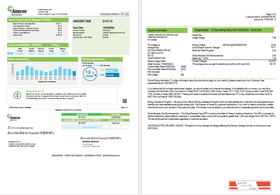 USA Ameren Missouri electricity business utility bill template in Word and PDF formats (2 pages)